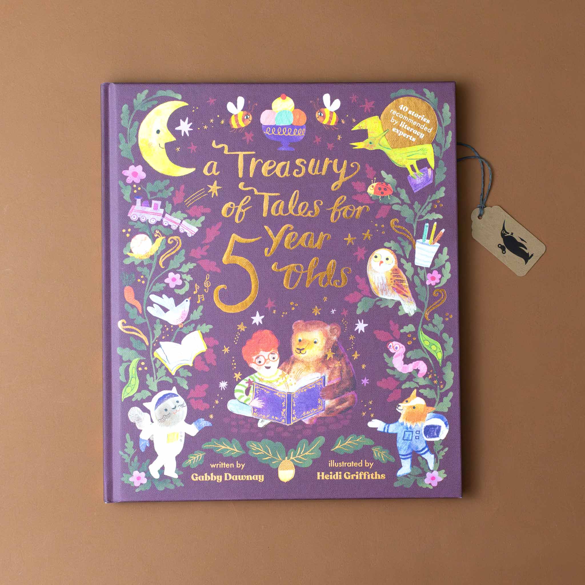 a-treasury-of-tales-for-five-year-olds-book-maroon-cover-with-moon-owl-ice-cream-bees-flowers-astronaut-bear-book-woven-through-branches