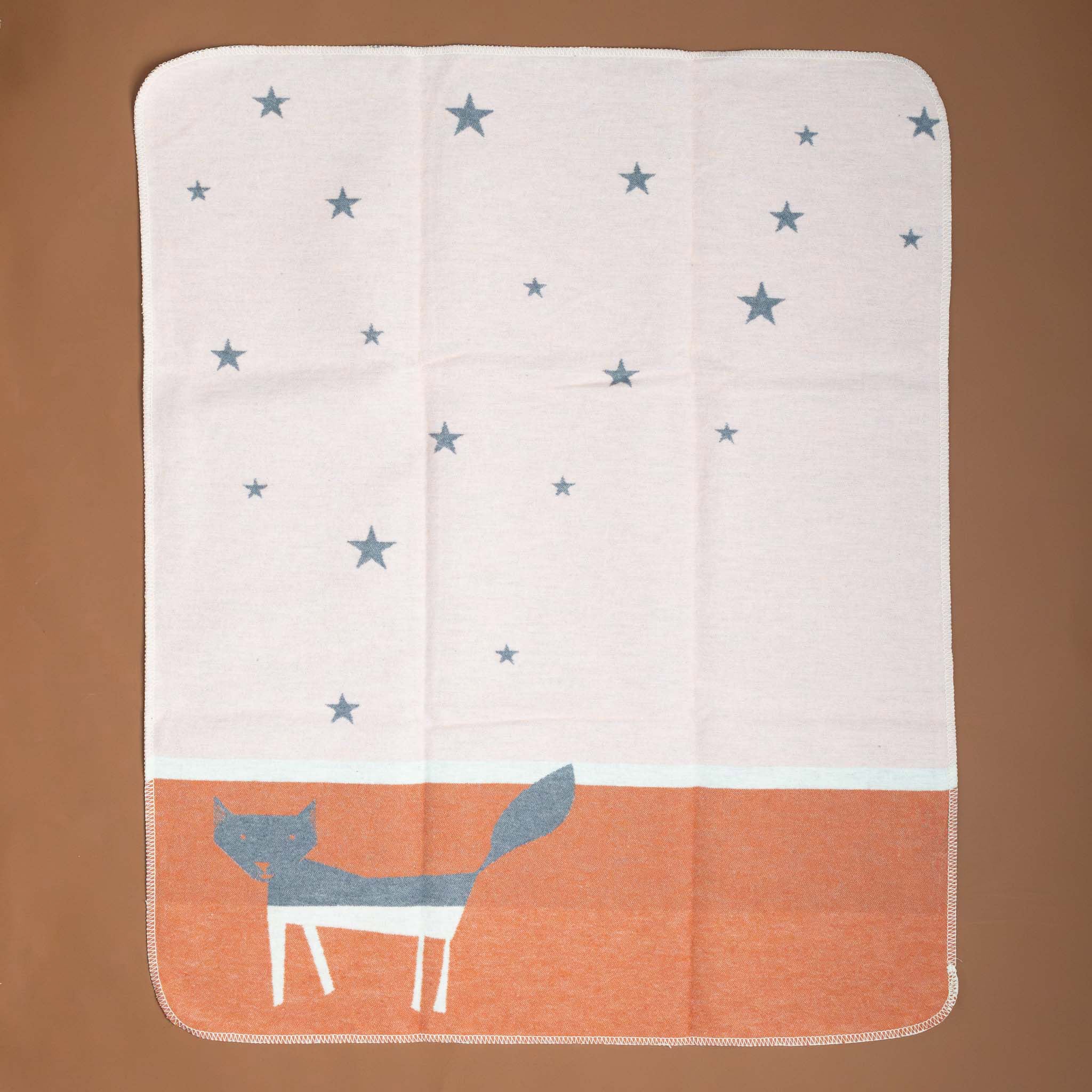 baby-blanket-starry-charcoal-fox-on-orange-white-background