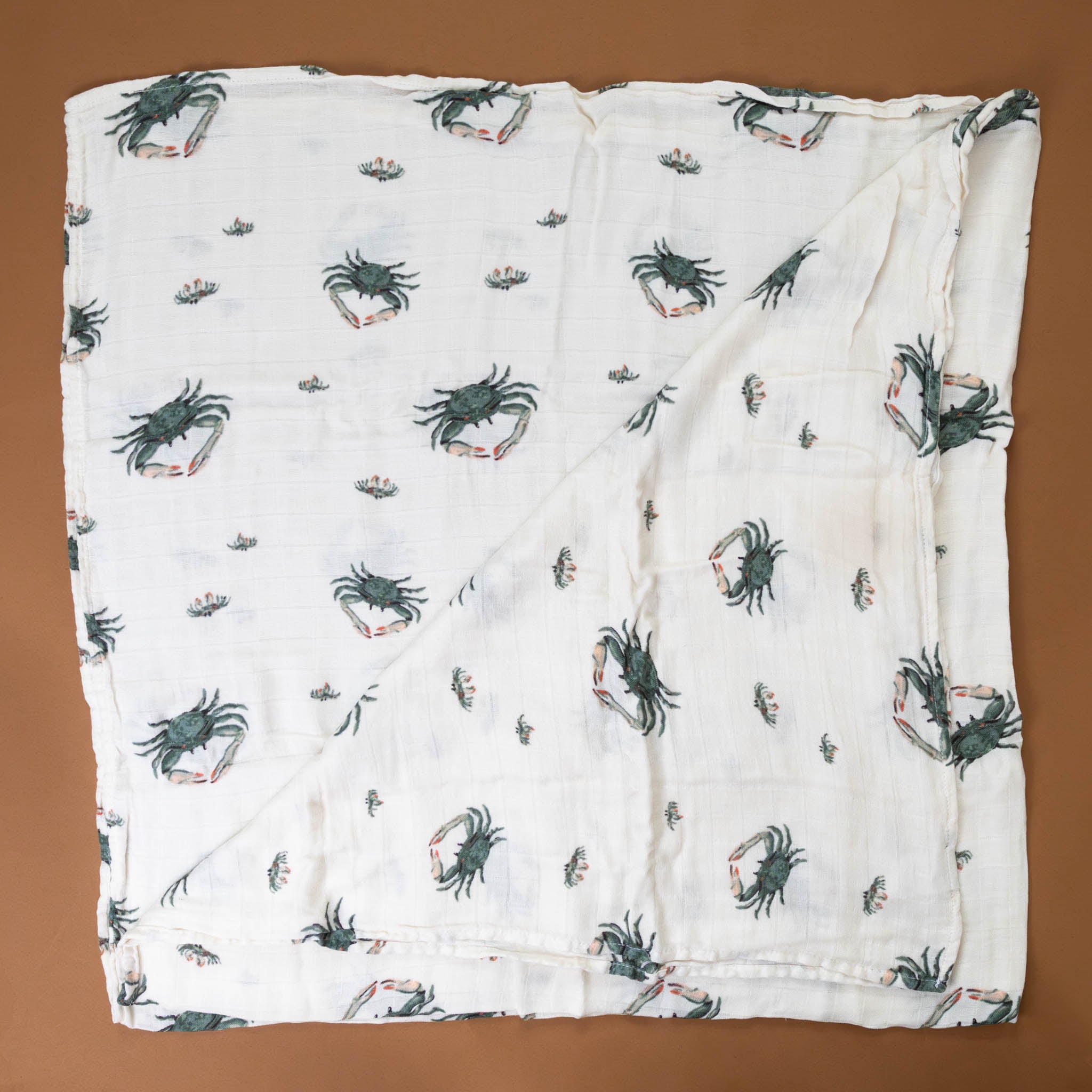 bamboo-swaddle-coastal-crab-green-and-coral-print-on-white-background