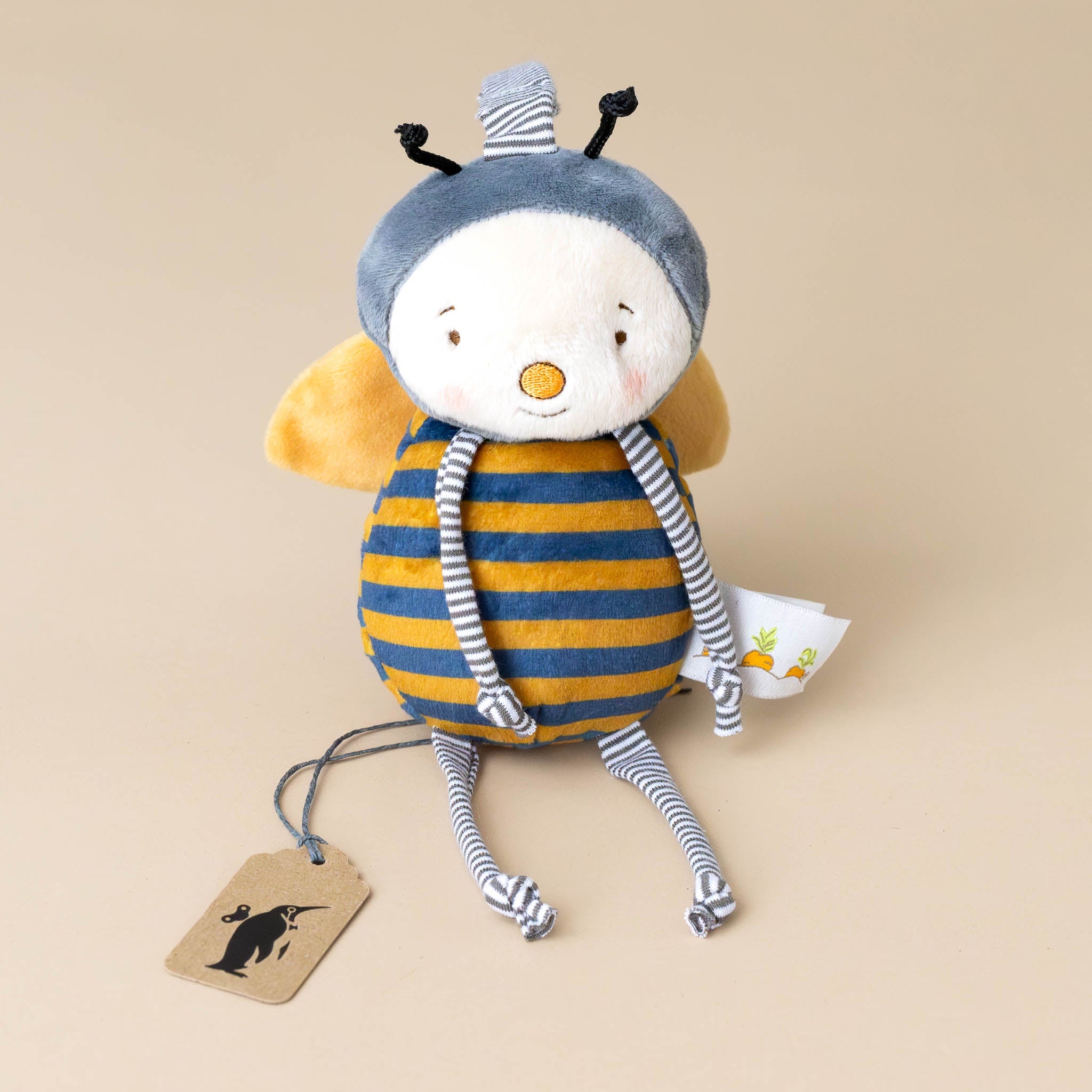 buzzbee-the-bumblebee-stuffed-animal-with-striped-yellow-and-grey-body-grey-cap-black-antenna-ring-for-attaching-to-stroller-and-stiped-legs