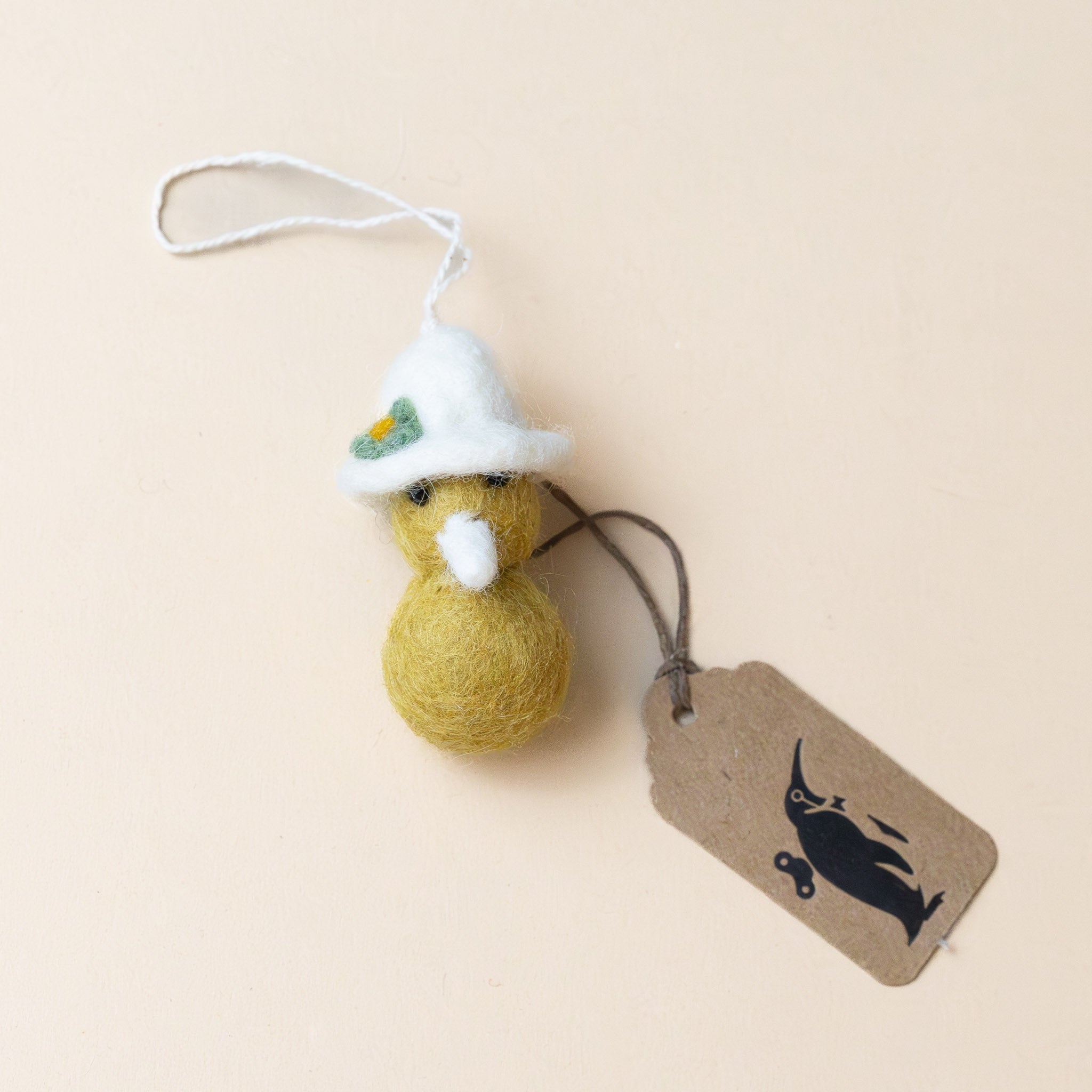 Felted Chickie Ornament with Garden Hat | Yellow