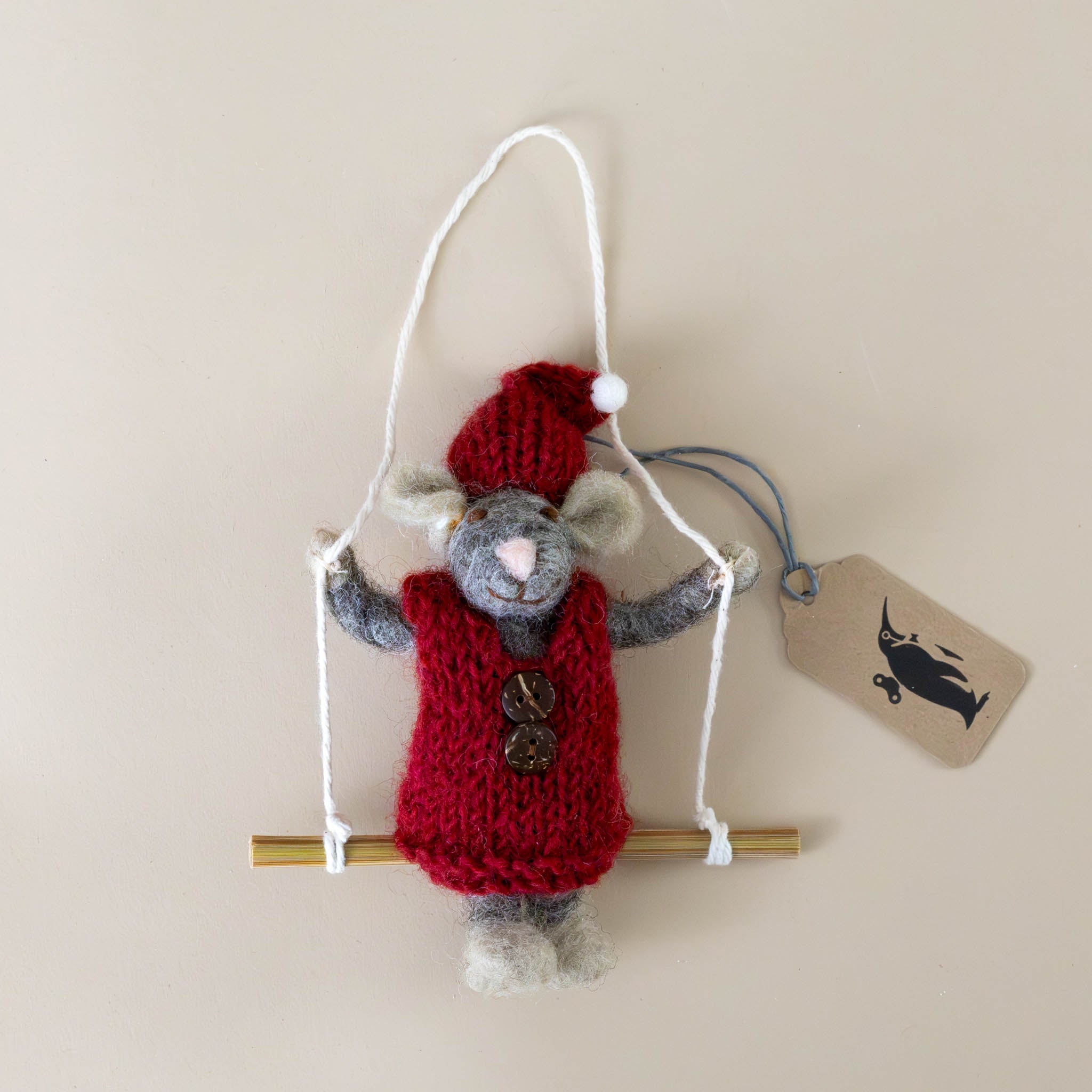 felted-grey-mouse-ornament-red-dress-on-swing