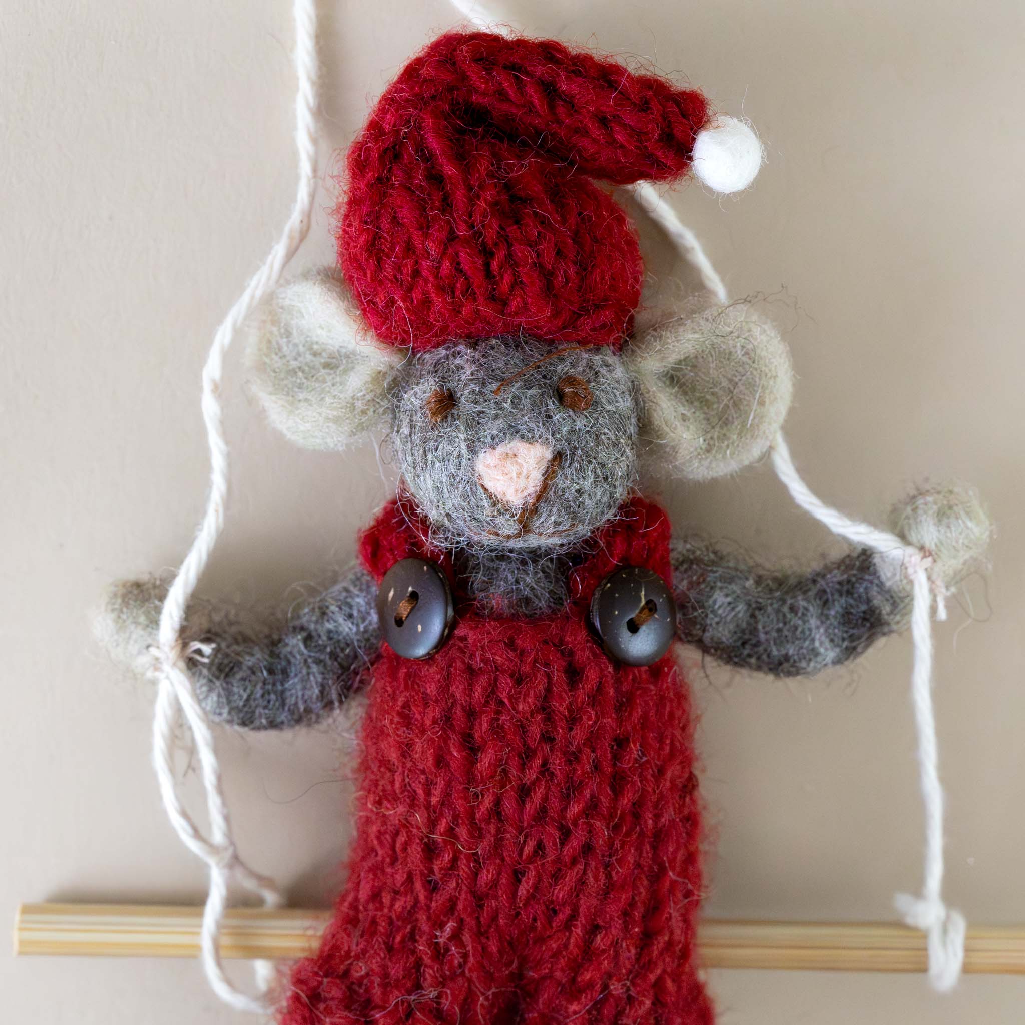 felted-grey-mouse-ornament-red-overalls-on-swing