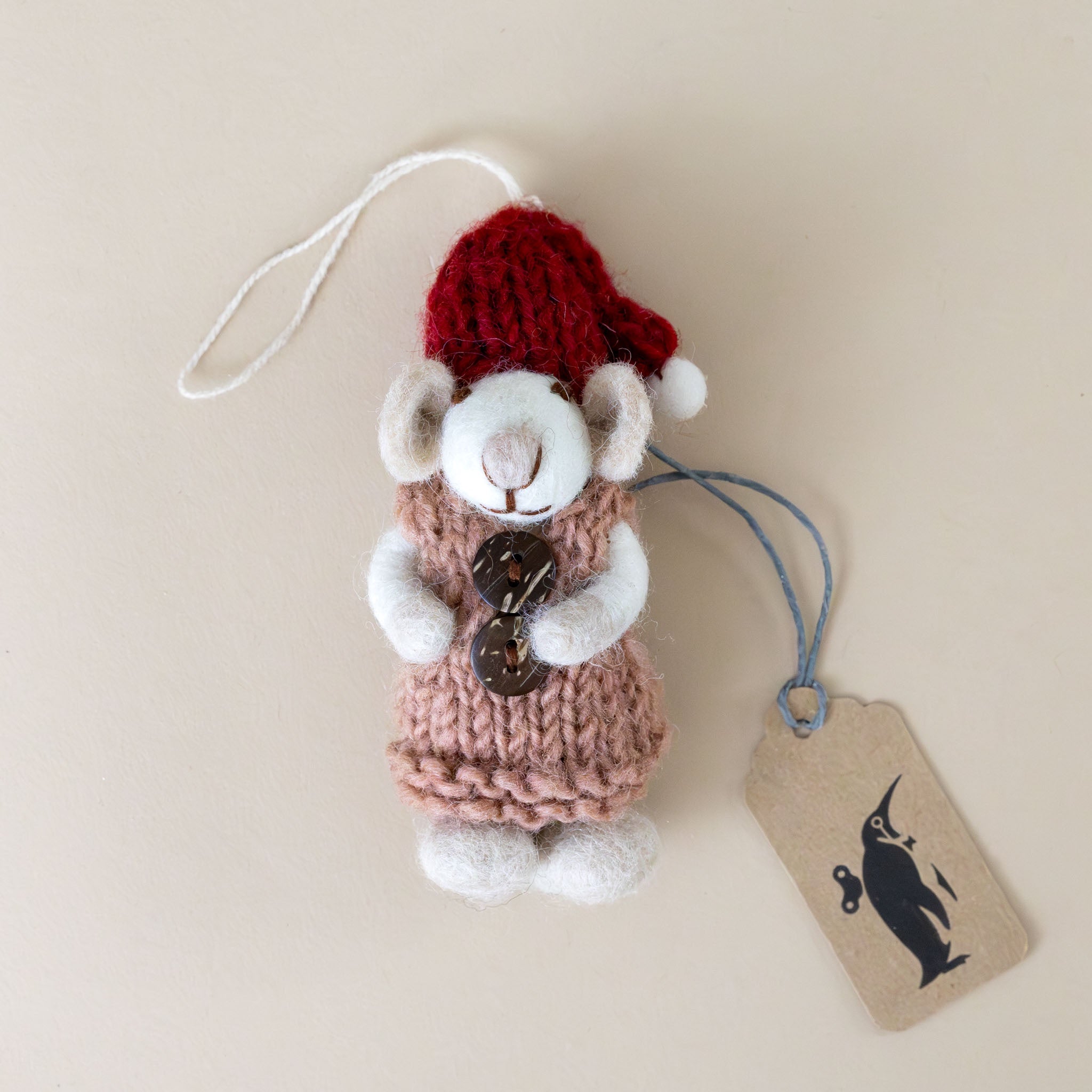 felted-white-mouse-ornament-mauve-dress-brown-buttons-and-red-hat