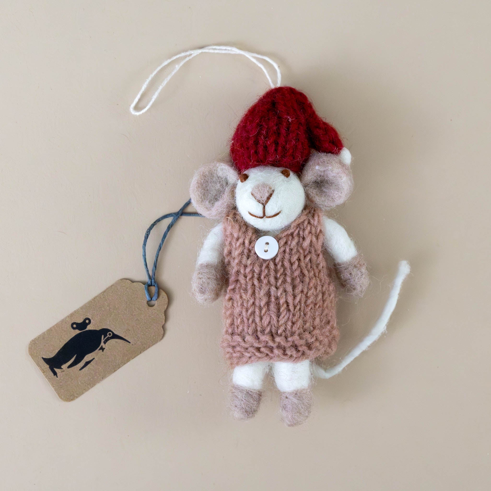 felted-white-mouse-ornament-mauve-dress-white-button-and-red-hat