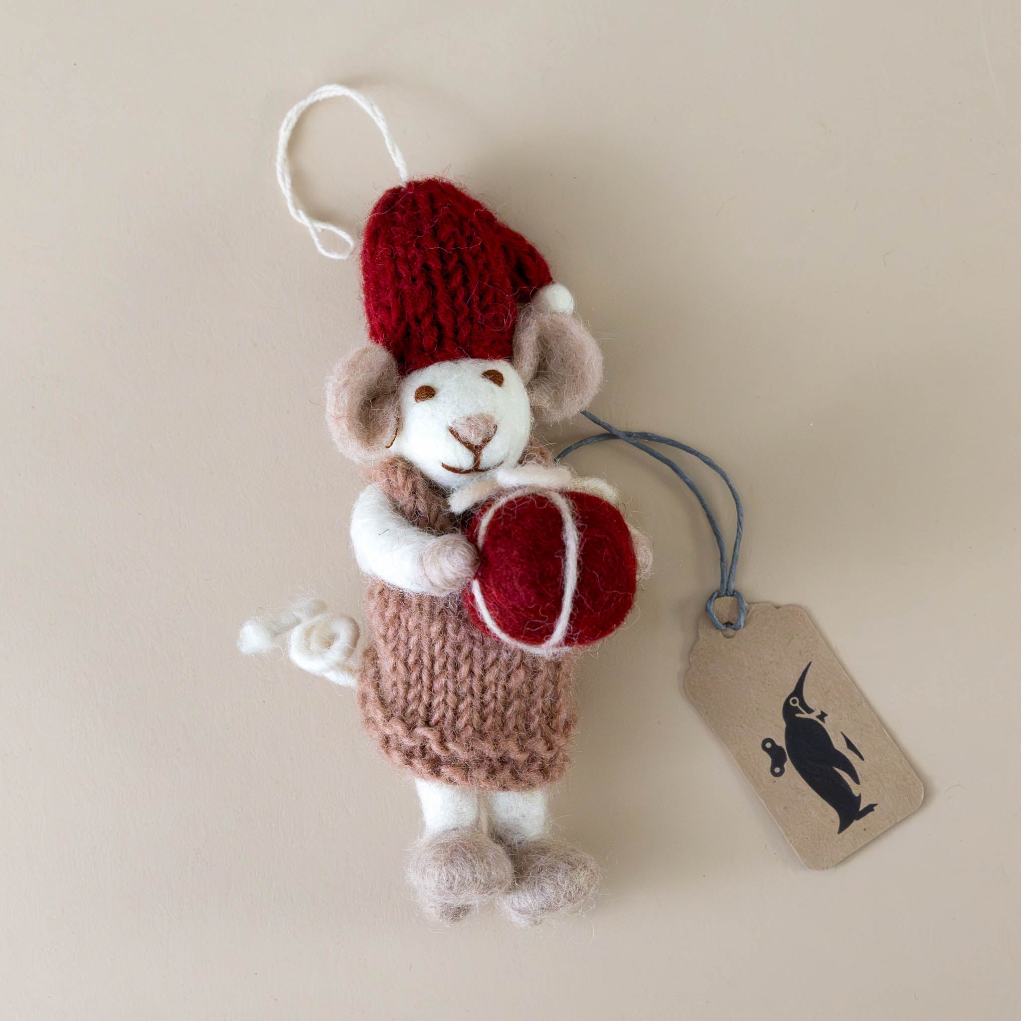 felted-white-mouse-ornament-mauve-dress-with-red-present