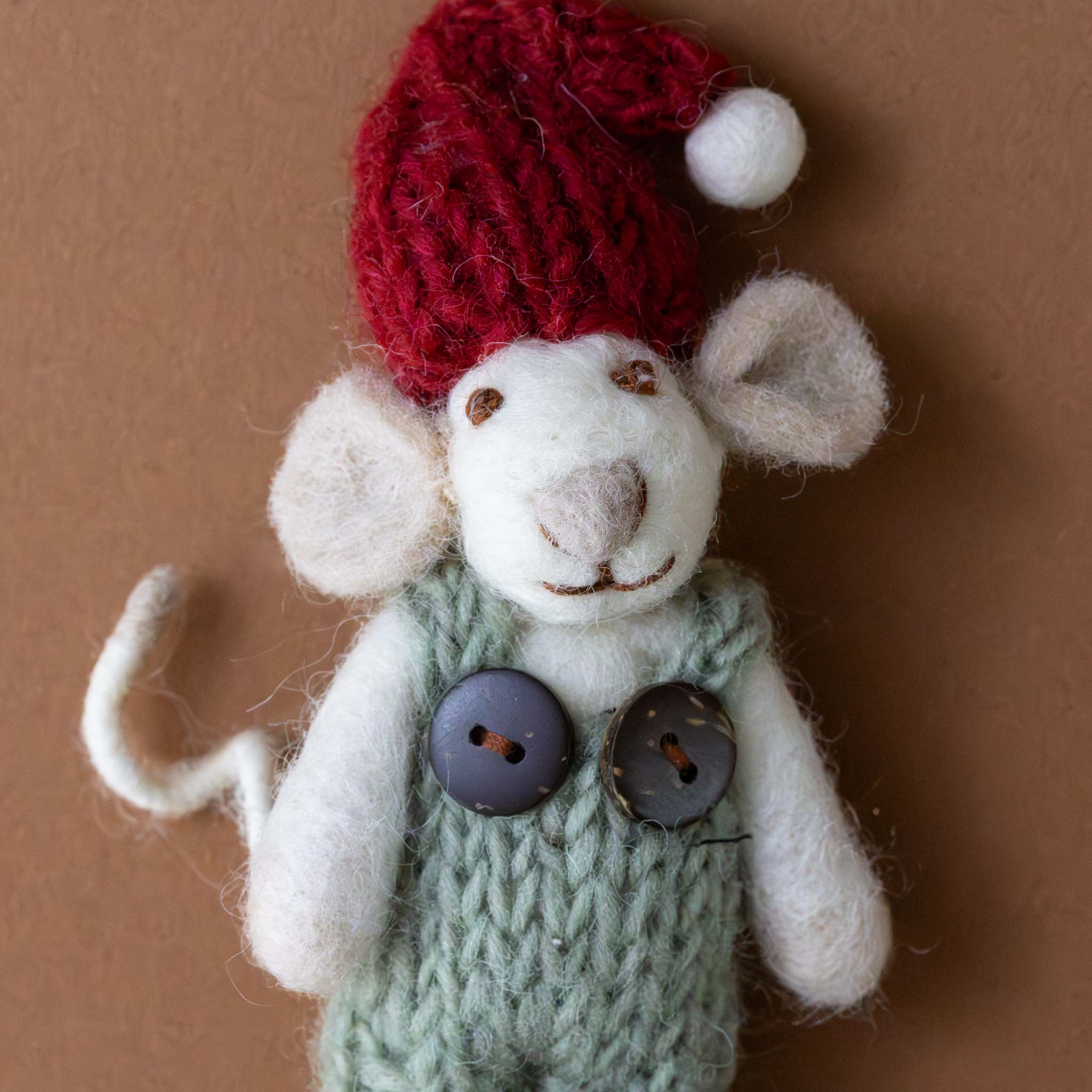 felted-white-mouse-ornament-sage-overalls-and-red-hat