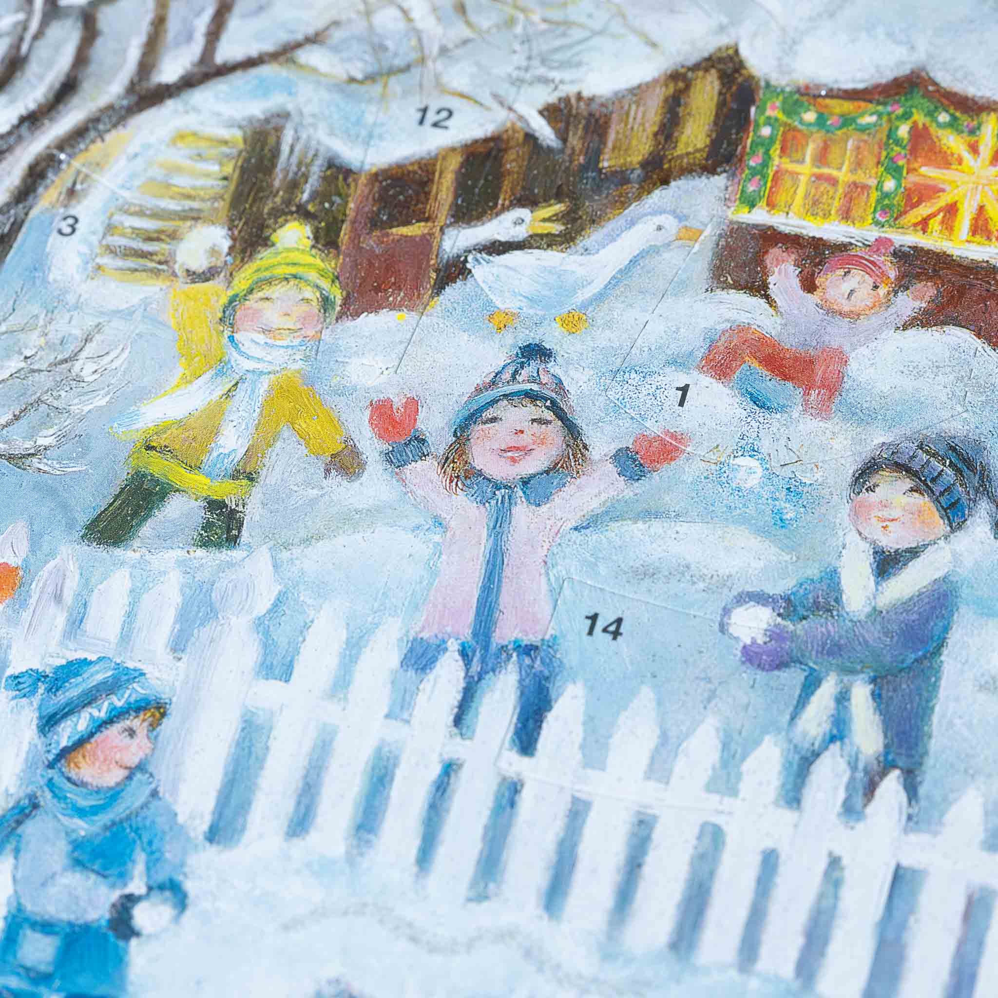 german-advent-calendar-snowball-fight-detail-of-children-cheering-and-geese-squawking-at-child-falling