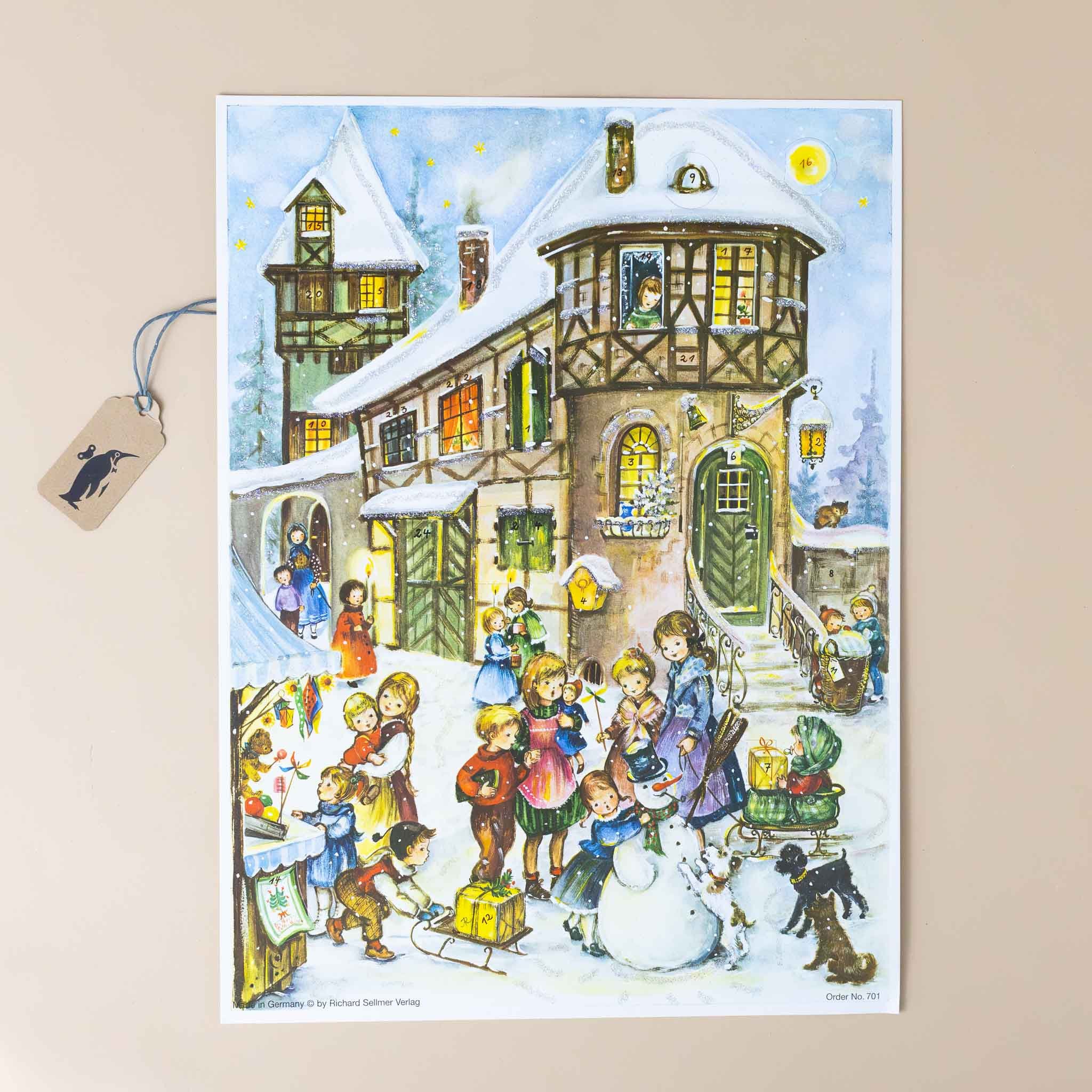 german-advent-calendar-village-snowman-being-built-by-children-gathered-and-walking-about