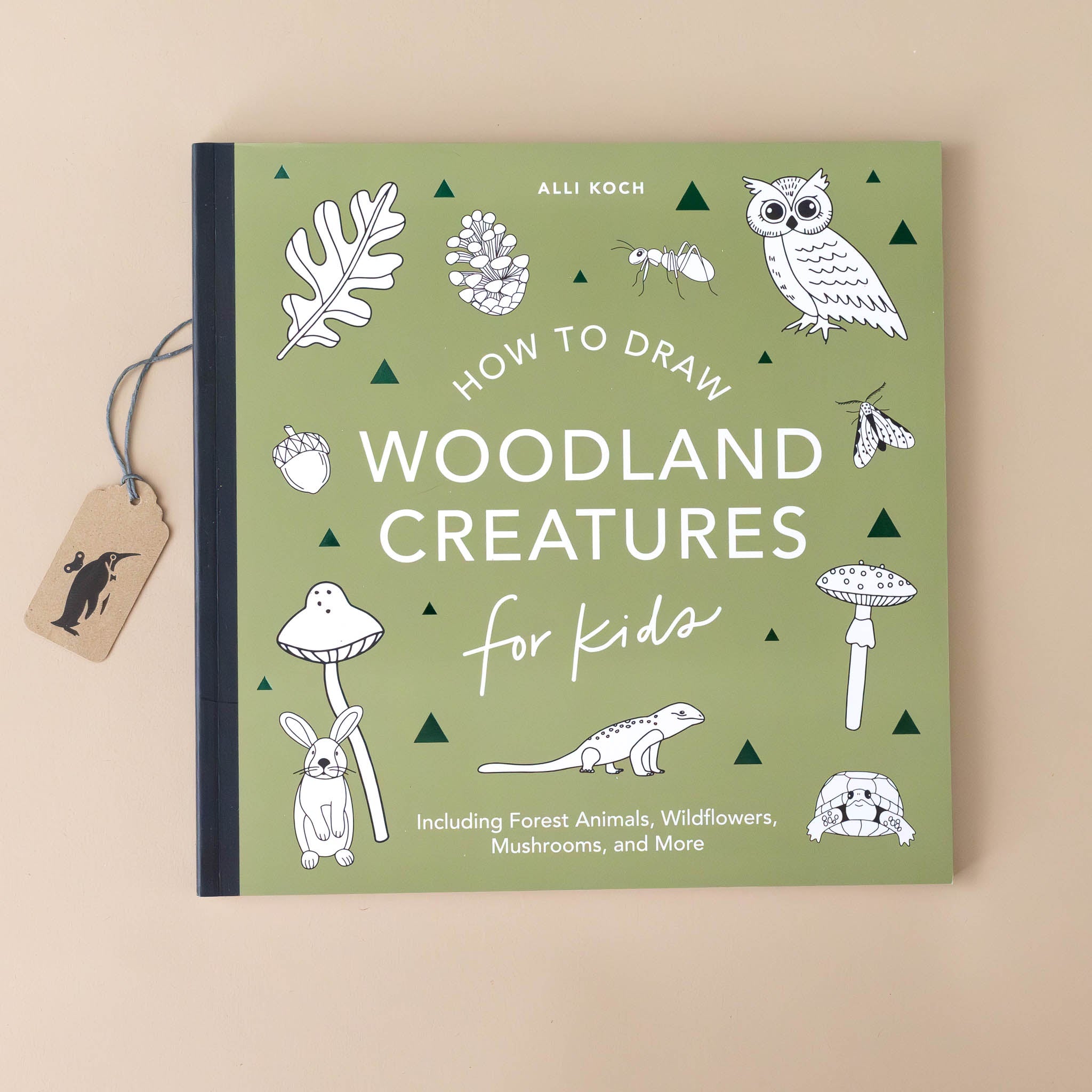 how-to-draw-woodland-creatures-for-kids-book-earthy-green-cover-with-black-and-white-illustration-of-leaf-acorn-pinecone-owl-ant-rabbit-mushroom-moth-toadstool-lizard-turtle