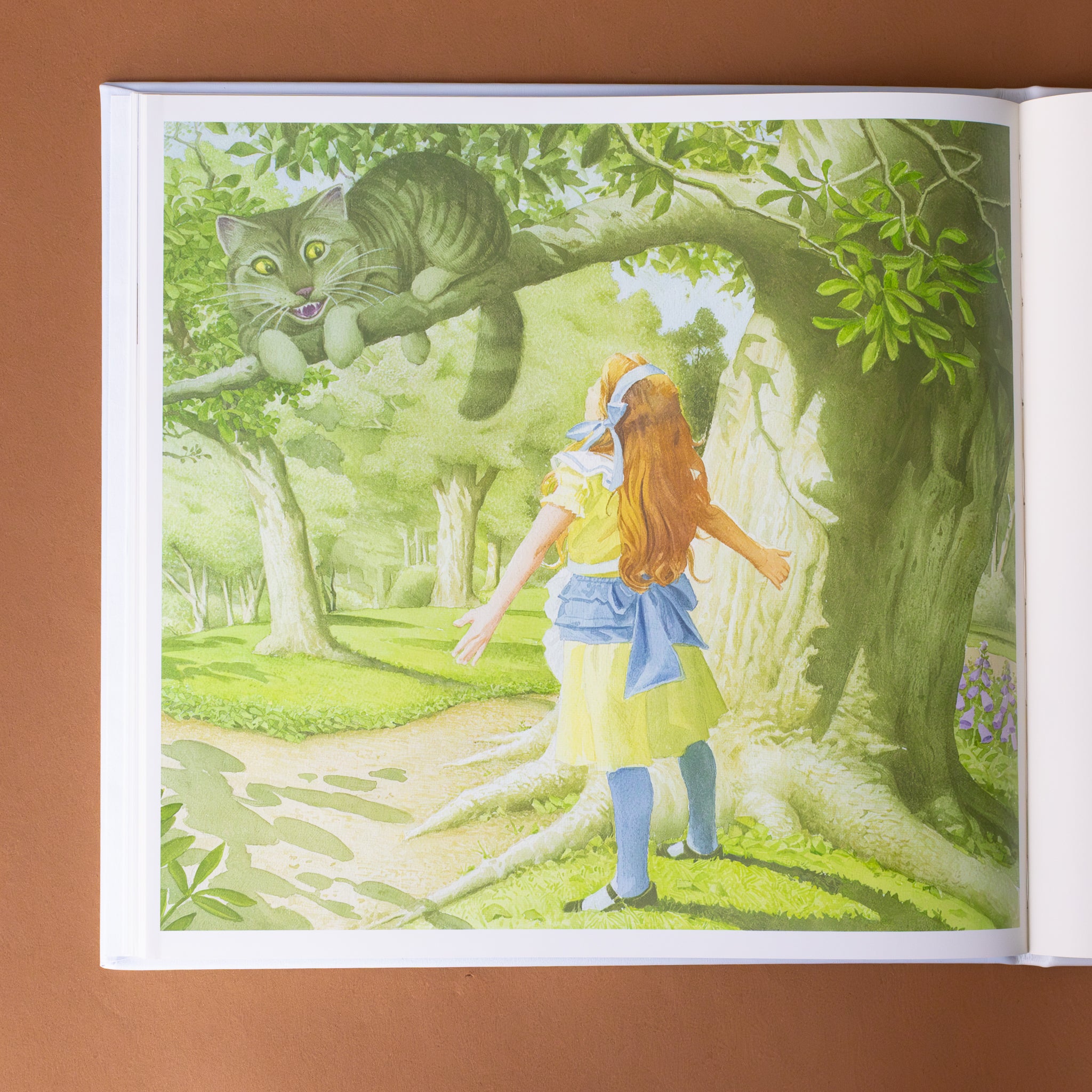 leather-bound-alices-adventures-in-wonderland-interior-page-with-alice-lliking-at-glen-with-a-cat-above-her-head-in-a-tree