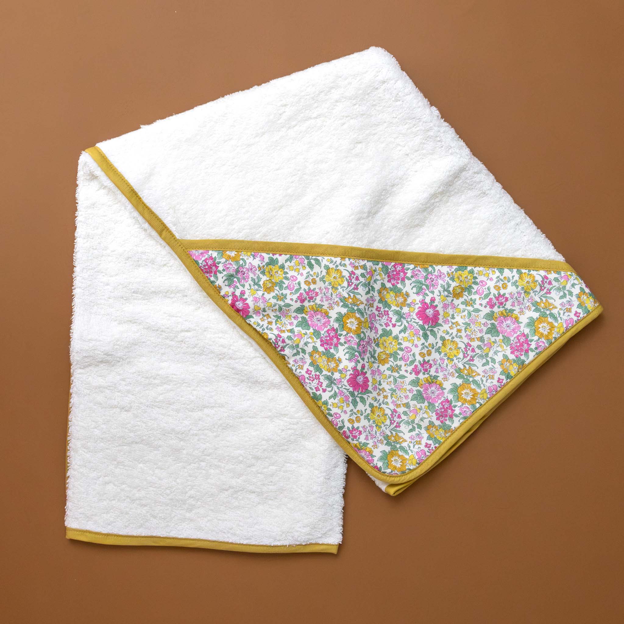 liberty-white-bath-towel-rosalie-ochre-pink-green-floral-hood-with-ochre-trim