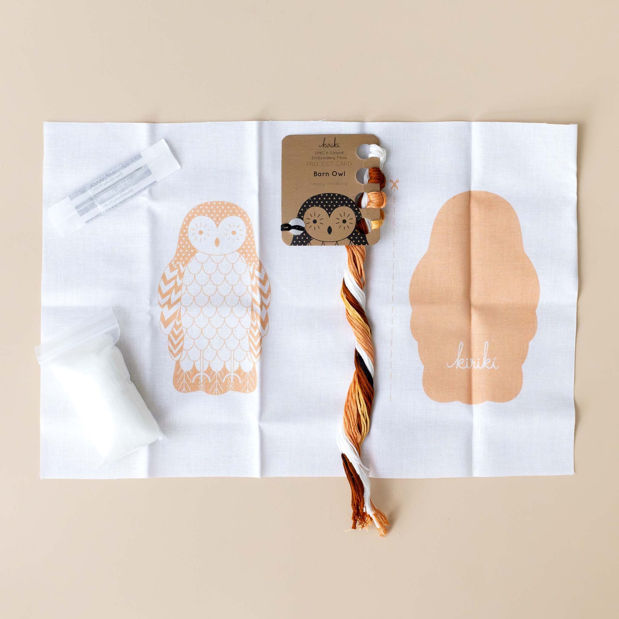 make-your-own-embroidered-animal-kit-barn-owl-displaying-pattern-stuffing-thread-and-needle