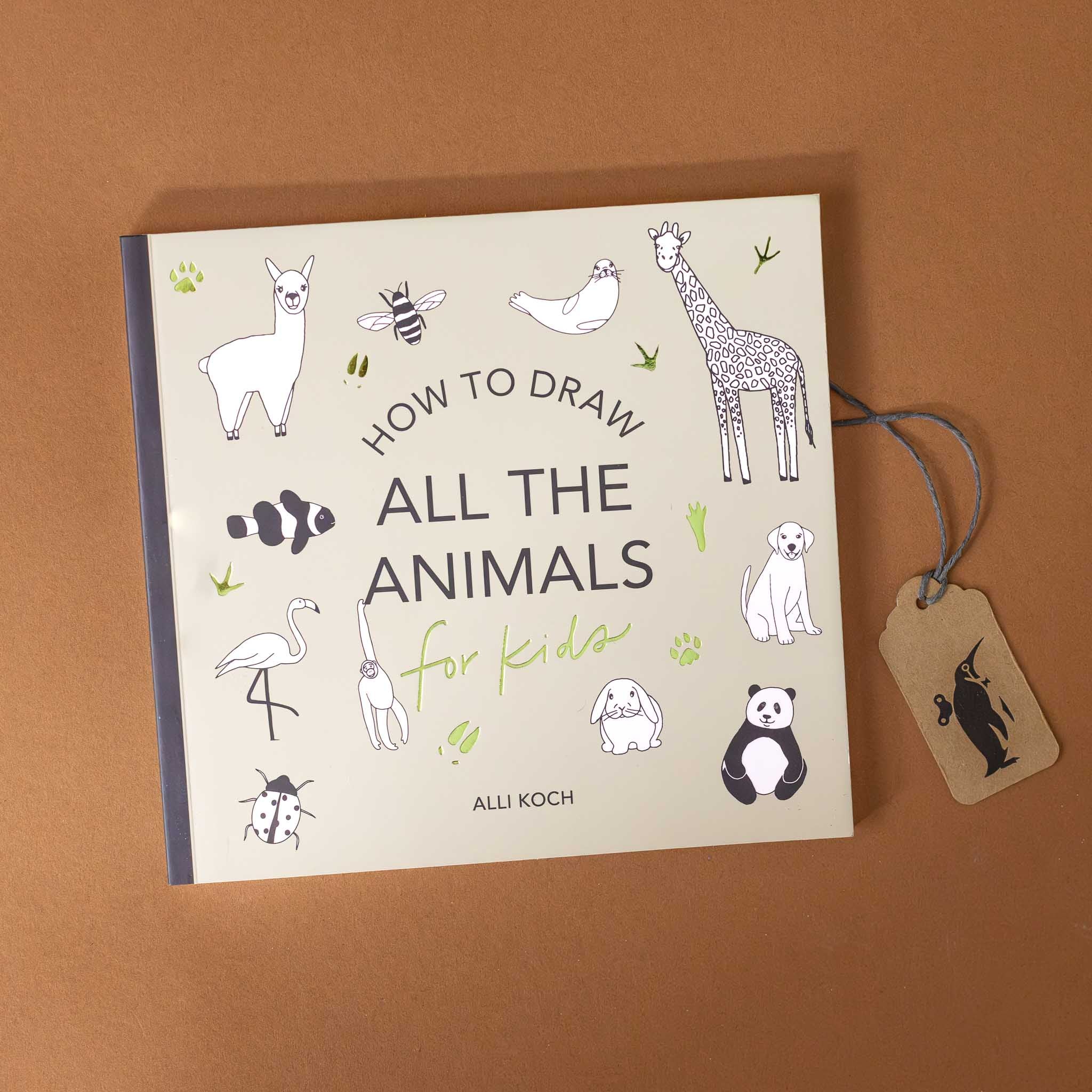 petite-how-to-draw-all-the-animals-for-kids-grey-cover-with-black-and-white-giraffe-llama-bee-seal-flamingo-clownfish-panda-monkey-ladybug-dog-bunny-with-foil-green-footprints-interspaced