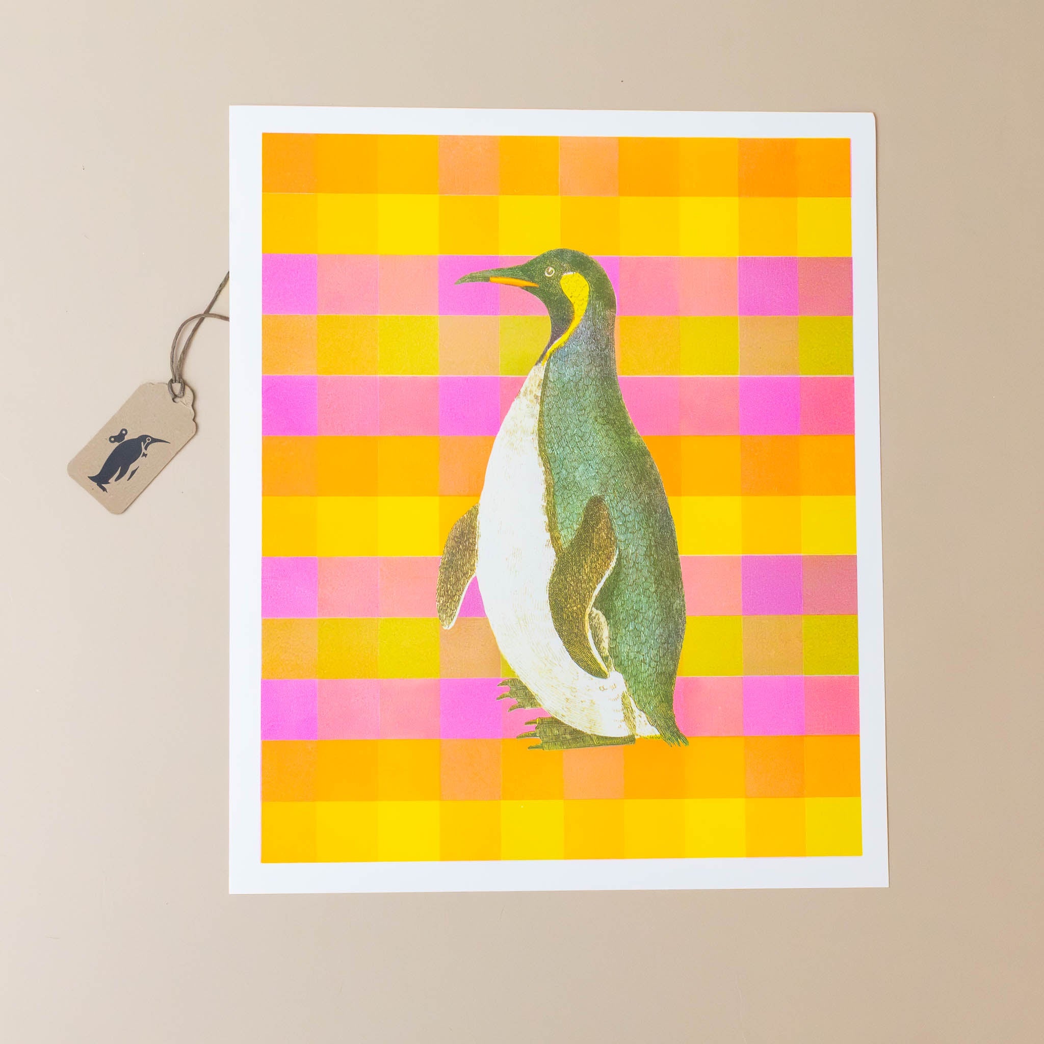 riso-print-penguin-on-coloruful-orange-yellow-and-pink-checked-background