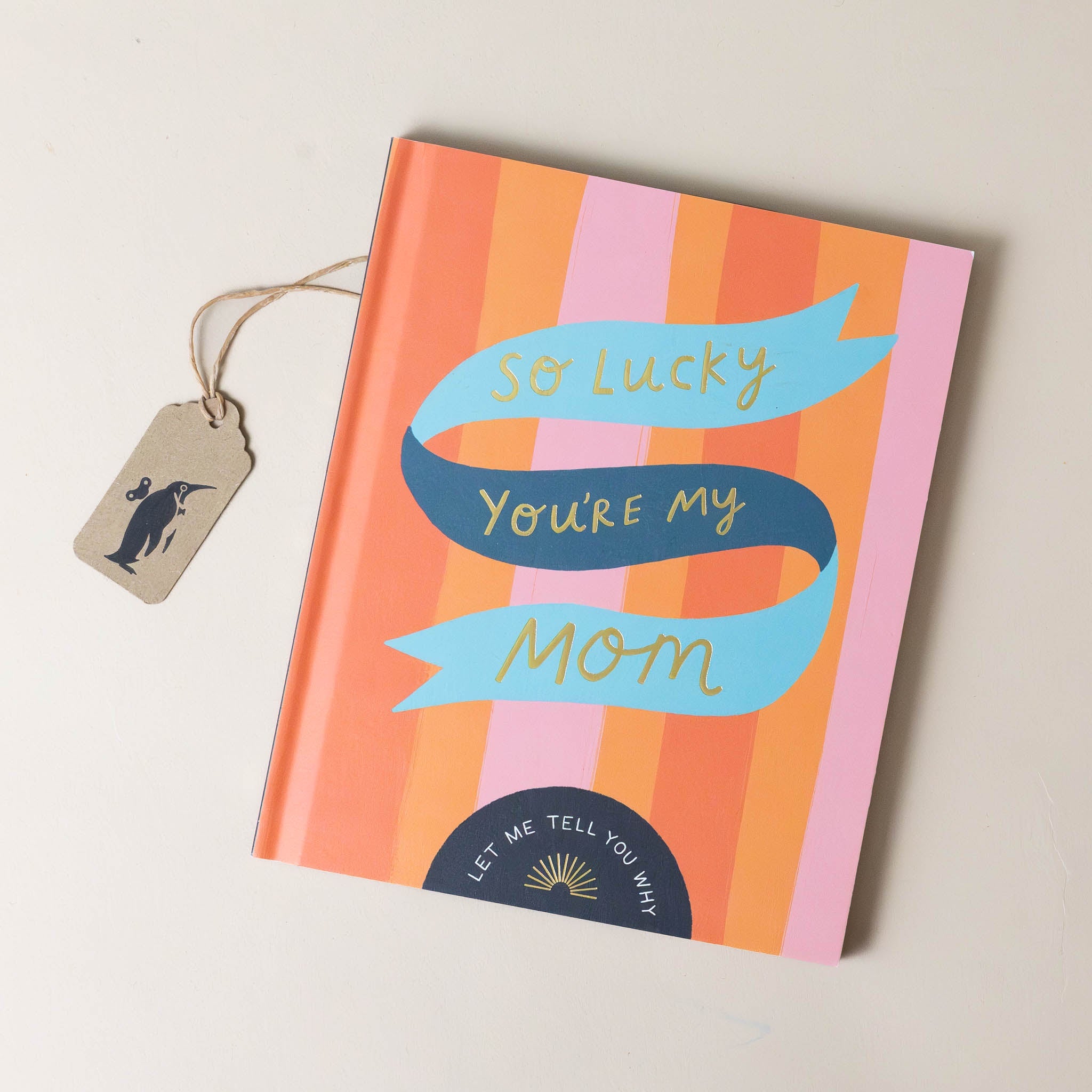 so-lucky-youre-my-dad-book-cover-striped-orange-and-pink-with-teal-ribbon-spelling-out-title-in-gold-foil