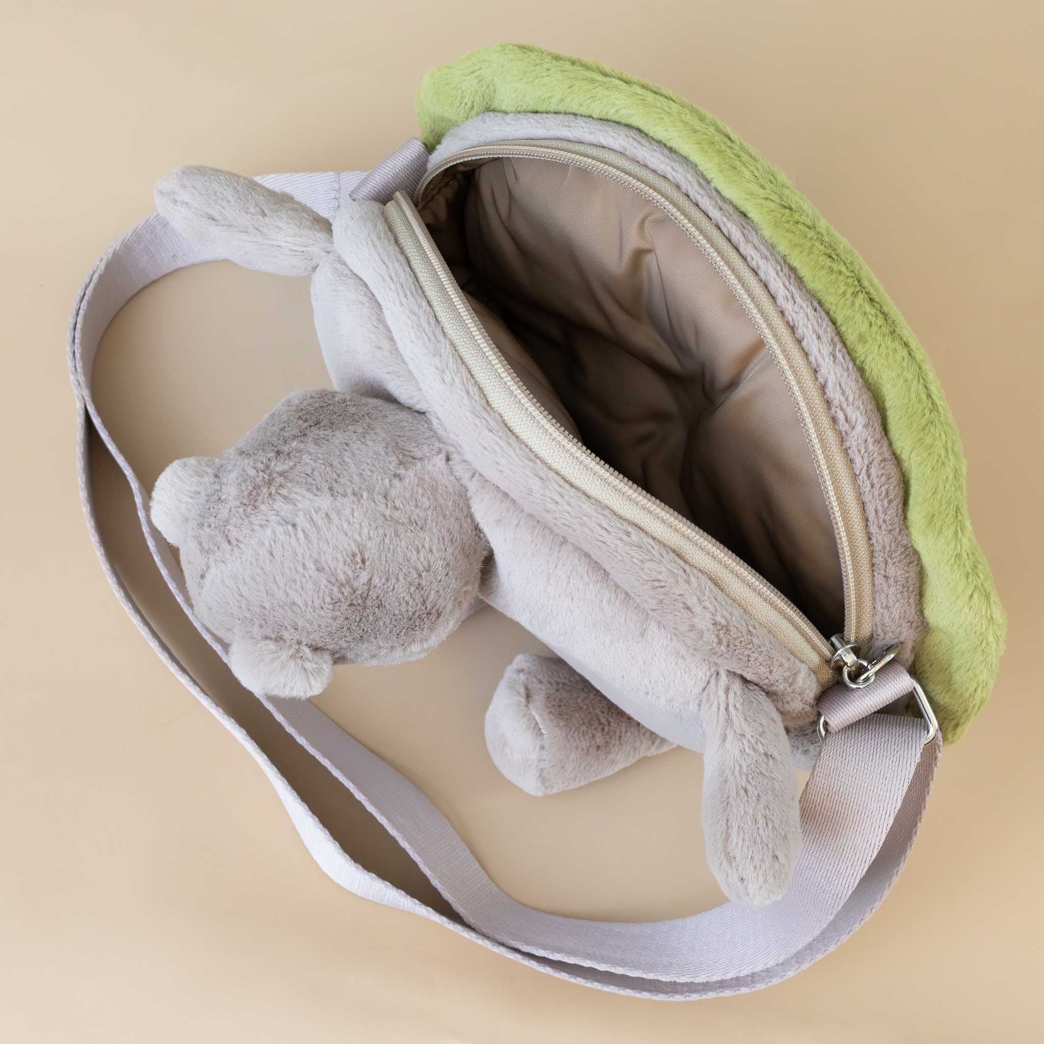 green-shell-and-taupe-timmy-turtle-stuffed-animal-bag-with-strap-zipper-open