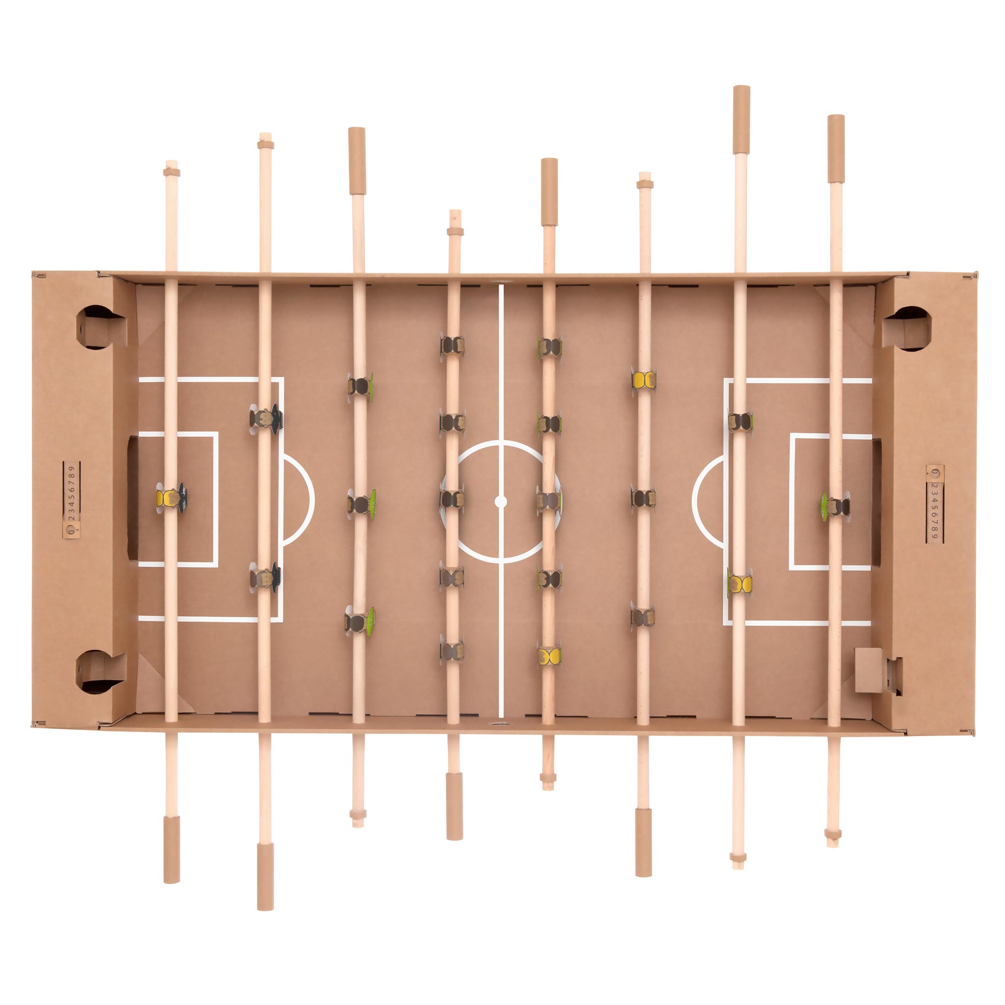 cardboard-foosball-table-overhead-image-of=game-board-with-cardboard-playing-field-with-little-characters-attached-to-each-rod