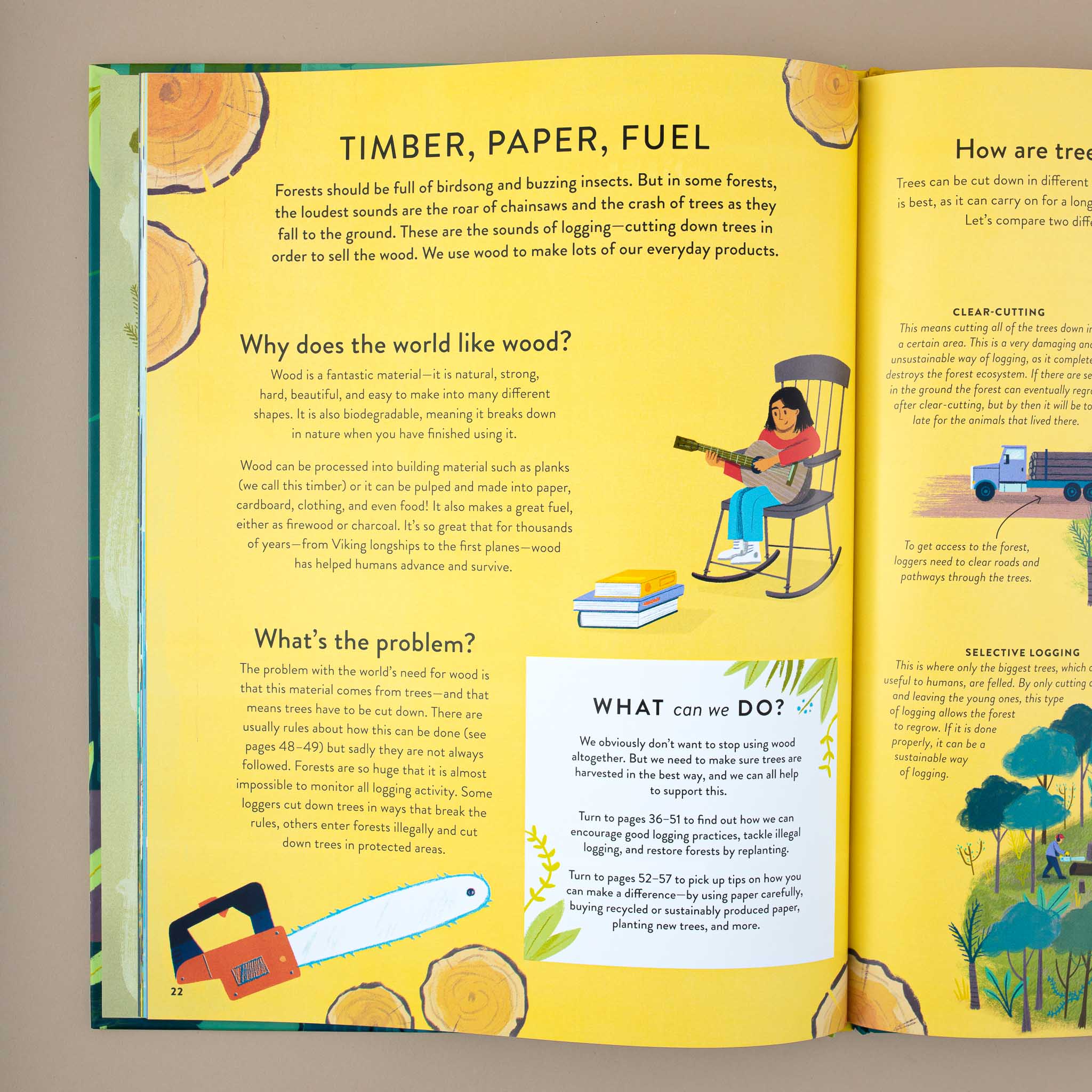 open-book-showing-a-yellow-page-with-text-and-illustration--about-timber-paper-and-fuel